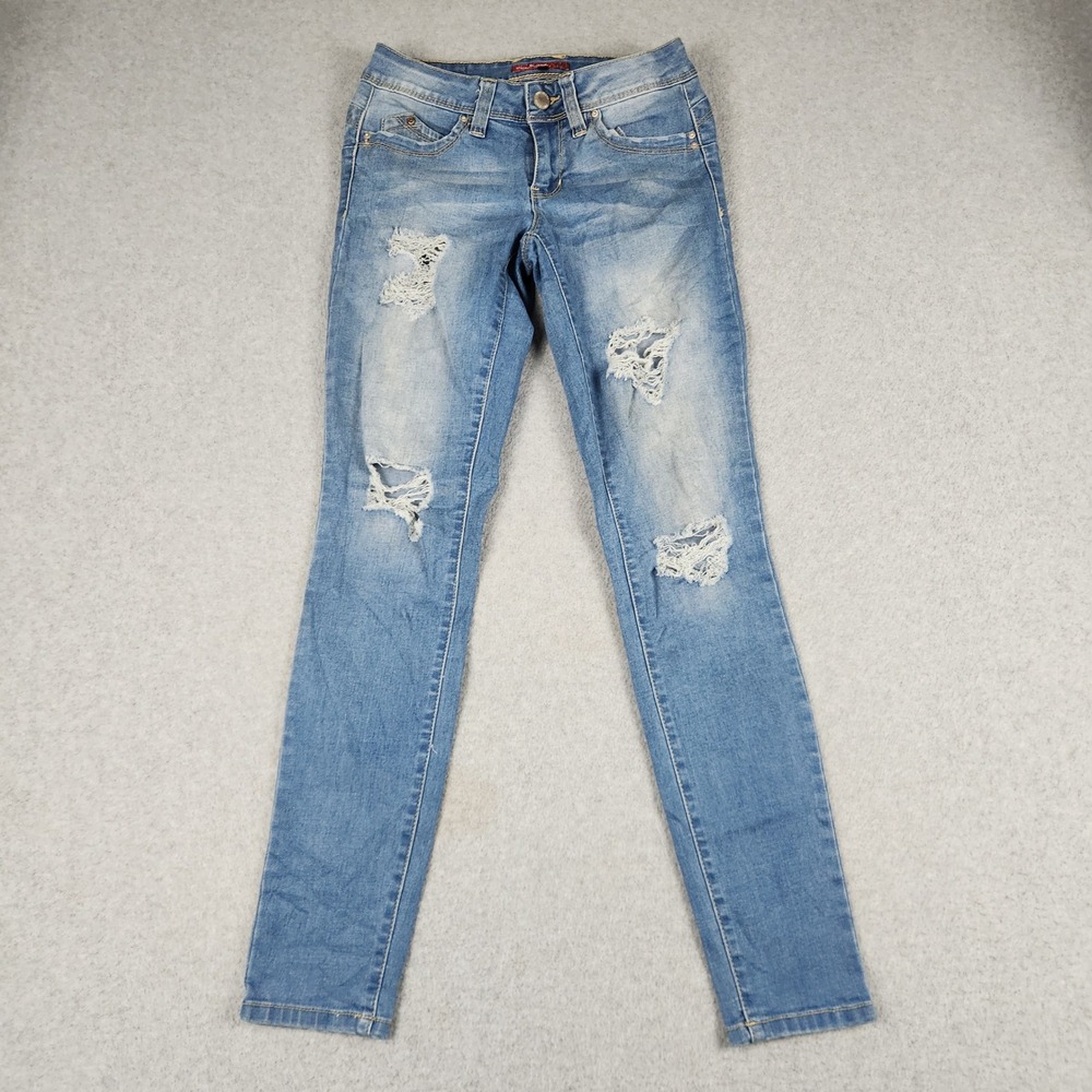 YMI WannaBettaButt Jeans Womens 5 Blue Denim Stretch Low Rise Skinny Distressed